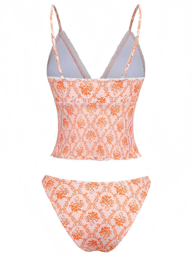 Set Tankini Arancione Anni '70 Floreale con Scollo a V Profondo