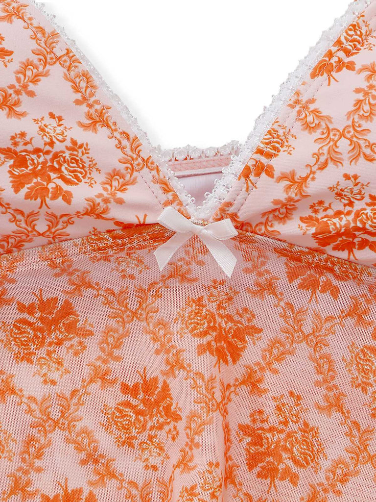 Set Tankini Arancione Anni '70 Floreale con Scollo a V Profondo