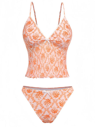 Set Tankini Arancione Anni '70 Floreale con Scollo a V Profondo