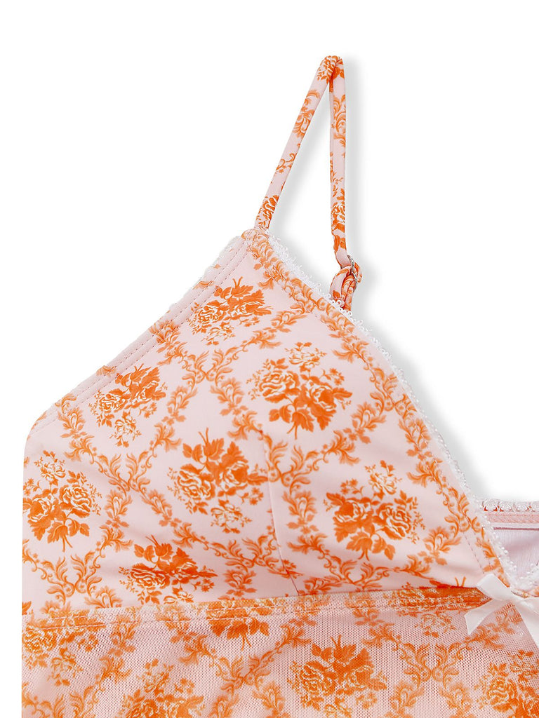 Set Tankini Arancione Anni '70 Floreale con Scollo a V Profondo
