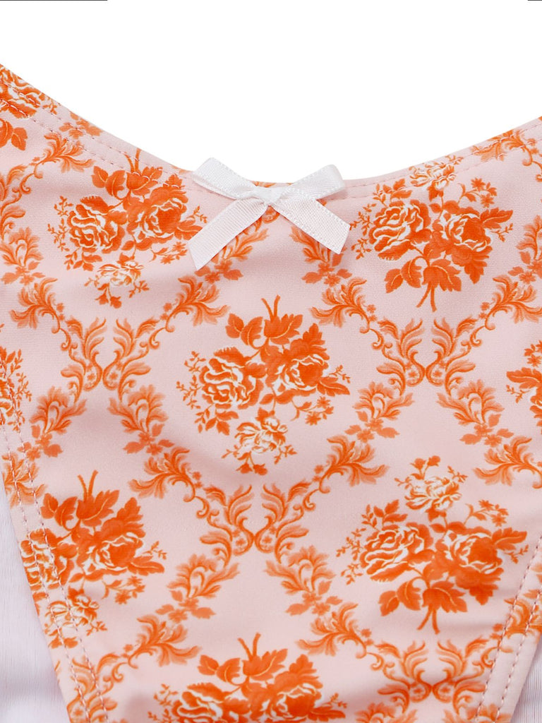 Set Tankini Arancione Anni '70 Floreale con Scollo a V Profondo