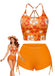 A vibrant orange two-piece bikini featuring white and red tropical floral prints, shown with a vintage summer fashion illustration.