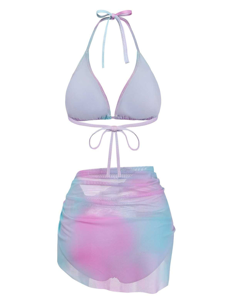 Front studio view of the pastel ombre triangle bikini set styled with its matching sheer sarong.