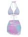 Front studio view of the pastel ombre triangle bikini set styled with its matching sheer sarong.