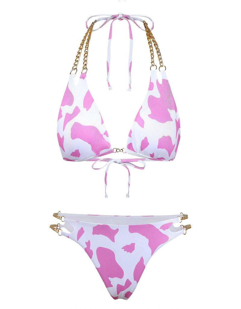 Set Bikini Anni '70 con Stampa Mucca a Coste