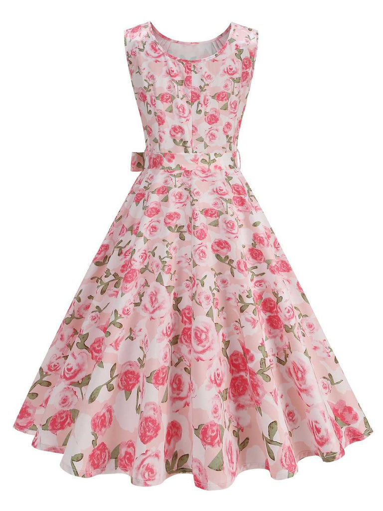 Abito Rosa Anni '50 Rose con Scollo Tondo e Cintura