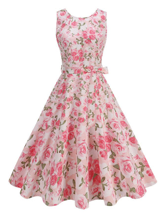 Abito Rosa Anni '50 Rose con Scollo Tondo e Cintura