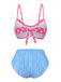 Back view of the bikini set highlighting the tie-back closure of the pink polka dot top and the full coverage of the striped bottoms.