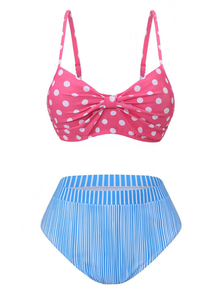Front view of the mix-and-match bikini set showing the gathered pink polka dot top and the high-waisted blue striped swim bottoms.
