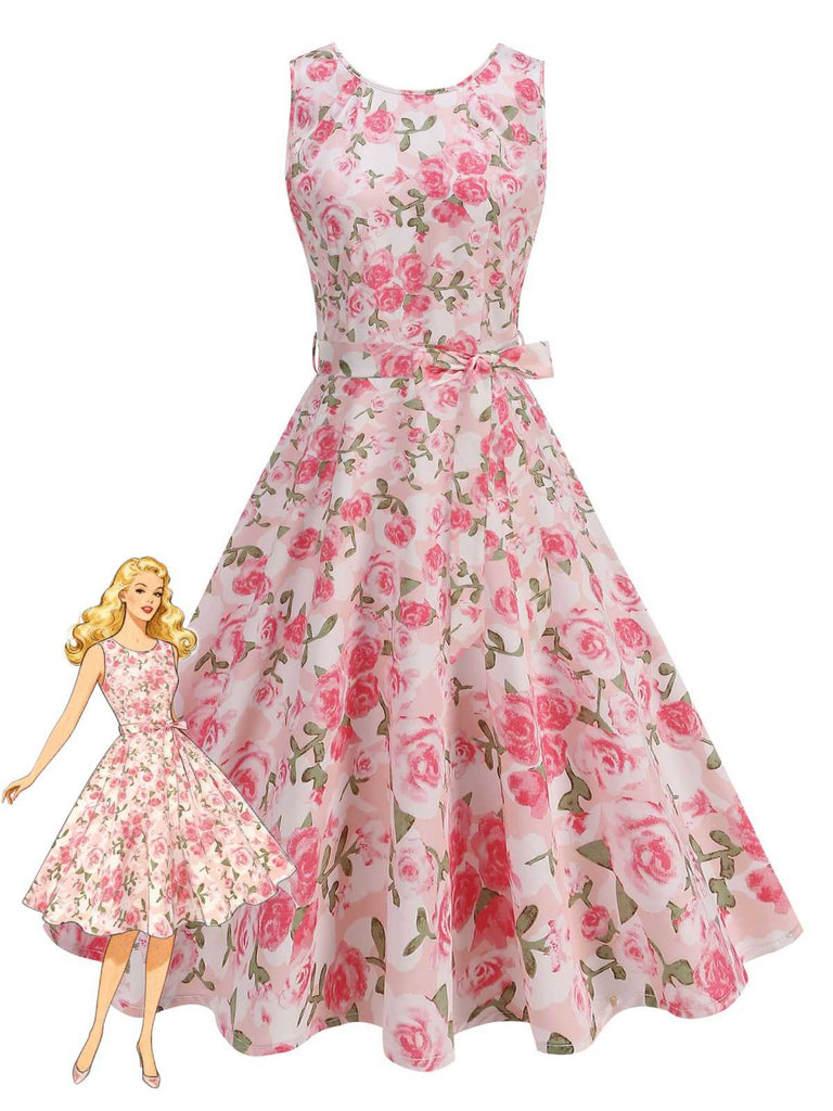 Abito Rosa Anni '50 Rose con Scollo Tondo e Cintura