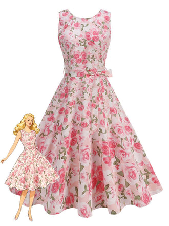 Abito Rosa Anni '50 Rose con Scollo Tondo e Cintura