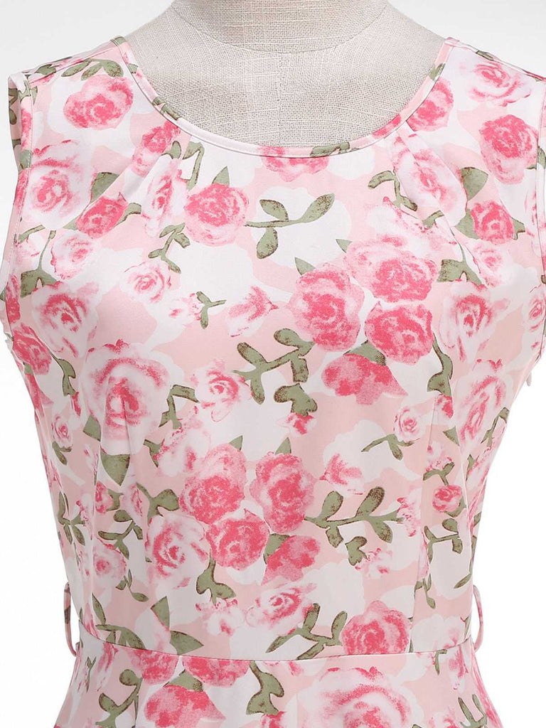 Abito Rosa Anni '50 Rose con Scollo Tondo e Cintura