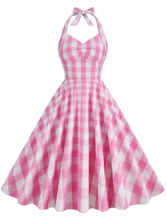 Abito a ruota plaid con scollo all'americana anni '50