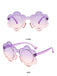 Purple and blue gradient flower-shaped sunglasses with clear purple frames shown in front and side perspectives.