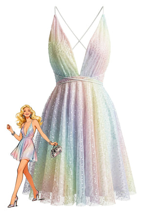 A sparkling rainbow pastel sequin mini dress featuring a deep V-neck and flared skirt, shown alongside a retro-style fashion illustration.
