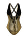 Rear view of the gold one-piece swimsuit alone, showcasing the elegant strappy back design and high-cut leg.