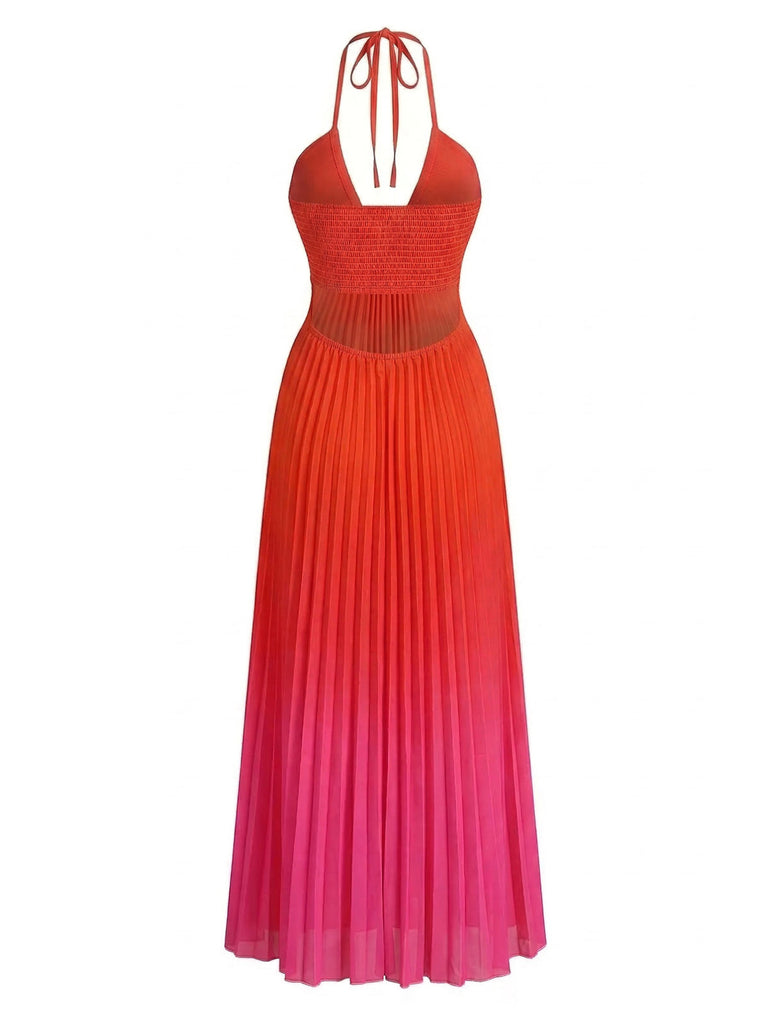 Abito Lungo Rosso Gradient Halter Plissettato Cut-Out Anni '30 3