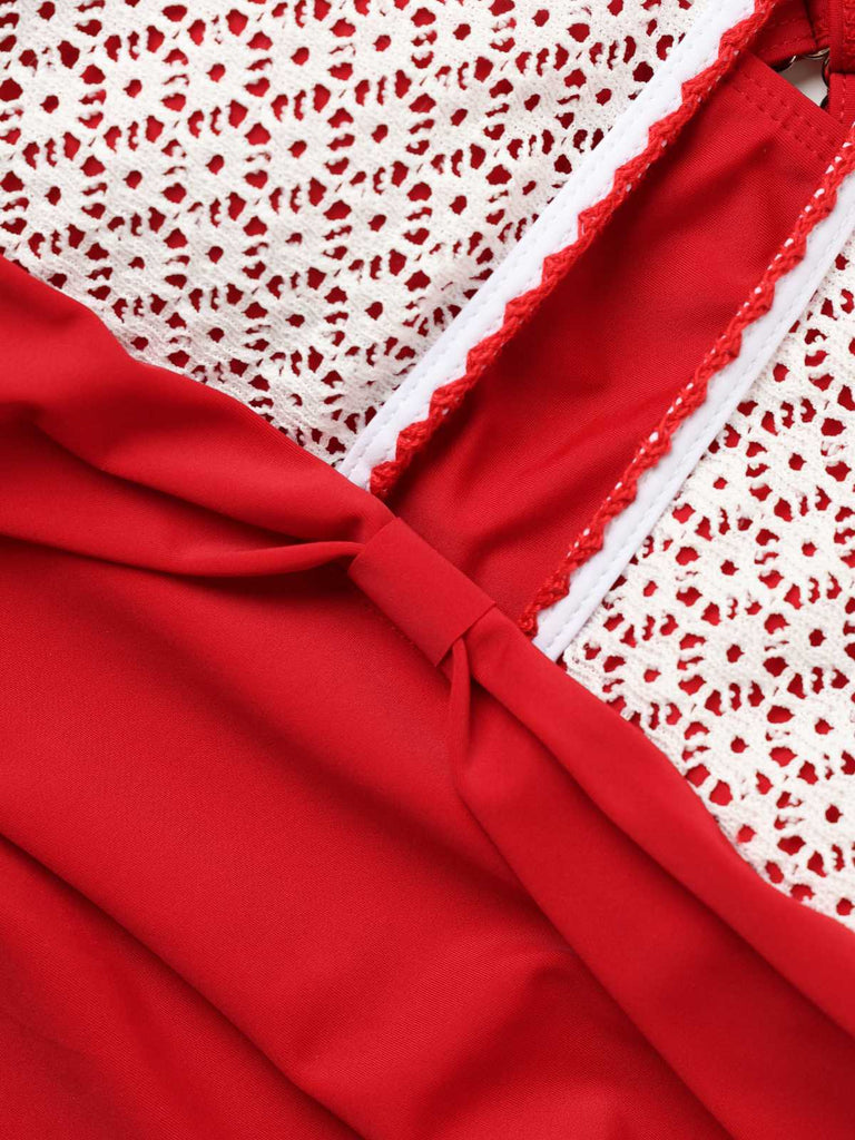 Red fabric with white lace trim