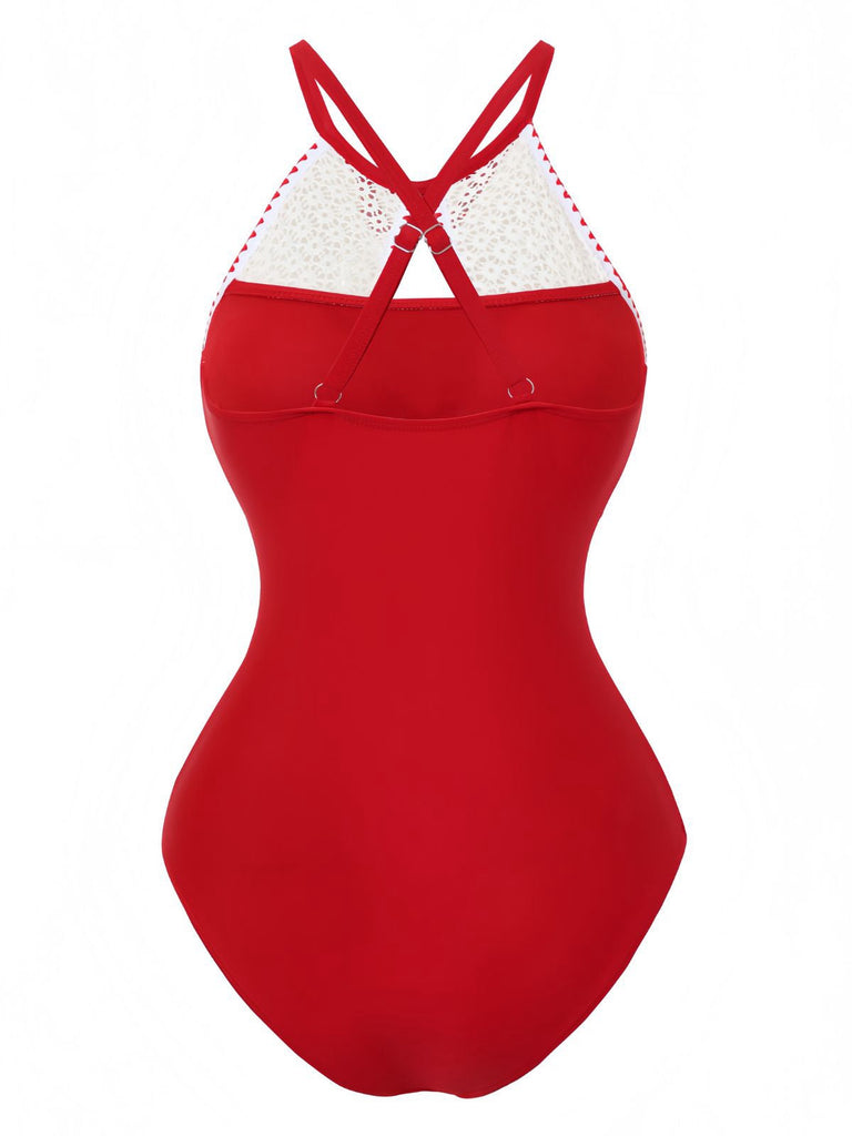 Red swimsuit with white lace details on a white background