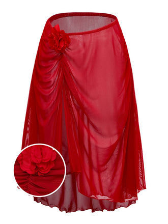 Vintage red mesh beach cover-up with dimensional floral appliqués and asymmetrical high-low hemline, perfect for 1960s-inspired poolside styling