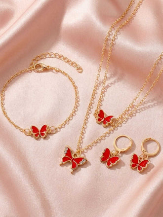 Set Collana e Bracciale e Orecchini con Farfalle e Strass