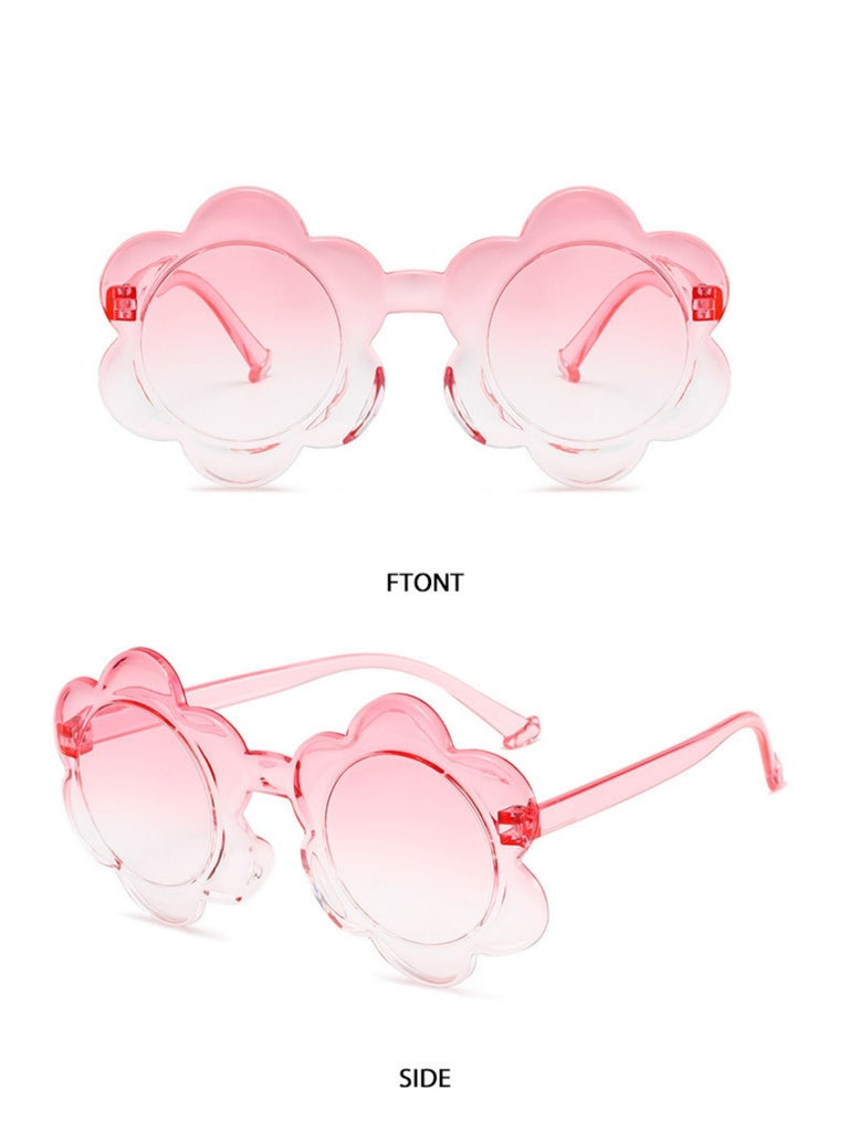 Red to pink gradient flower-shaped eyewear with transparent red frames displaying front and side angles.