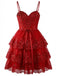 Studio front view of the red lace party dress highlighting the spaghetti straps and layered mesh skirt.