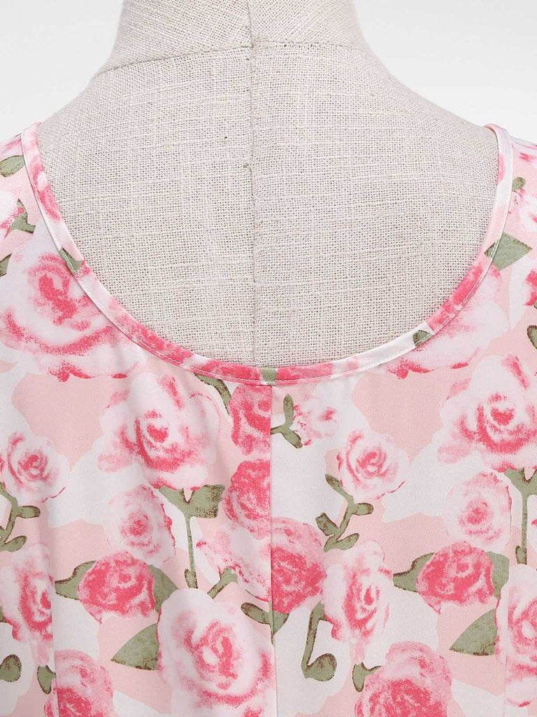 Abito Rosa Anni '50 Rose con Scollo Tondo e Cintura