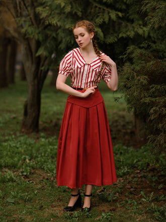 2PCS camicetta a righe e gonna rosso arancione anni '50