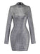 Retro-inspired silver sequined mini dress with shimmering square patterns and mock neck collar, ideal for parties and special occasions