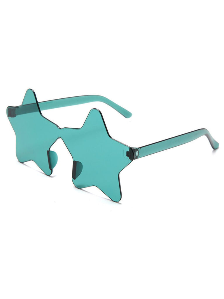 Fun teal-colored star-shaped tinted sunglasses, perfect for music festivals and summer parties.
