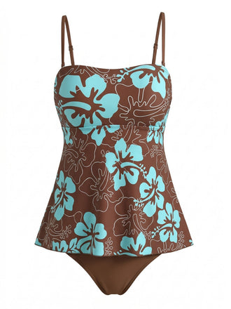 Full front view of the brown and turquoise tropical print tankini top paired with matching brown bikini bottoms.