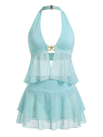 [Pre-Vendita] Set Tankini Turchese in Chiffon con Stella Marina Halter con Volant Anni '50