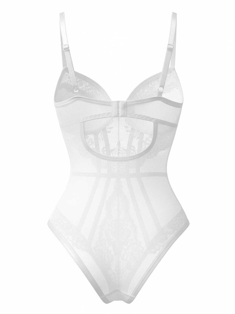 Back studio shot of the white lace bodysuit showing the delicate mesh and adjustable back straps.