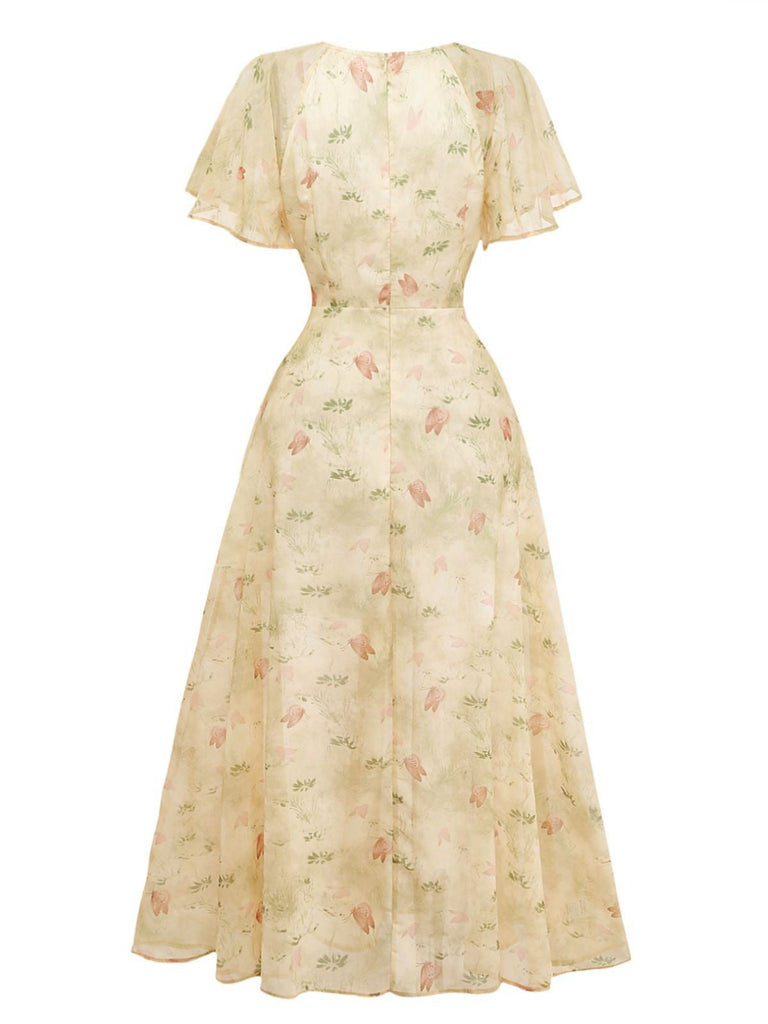 [Prevendita] Abito Verde Salvia Anni '30 in Chiffon con Farfalla e Maniche a Volant