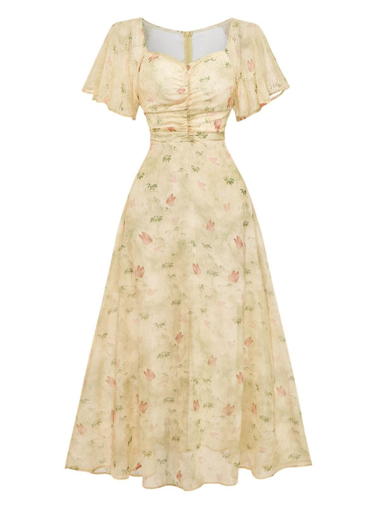 [Prevendita] Abito Verde Salvia Anni '30 in Chiffon con Farfalla e Maniche a Volant