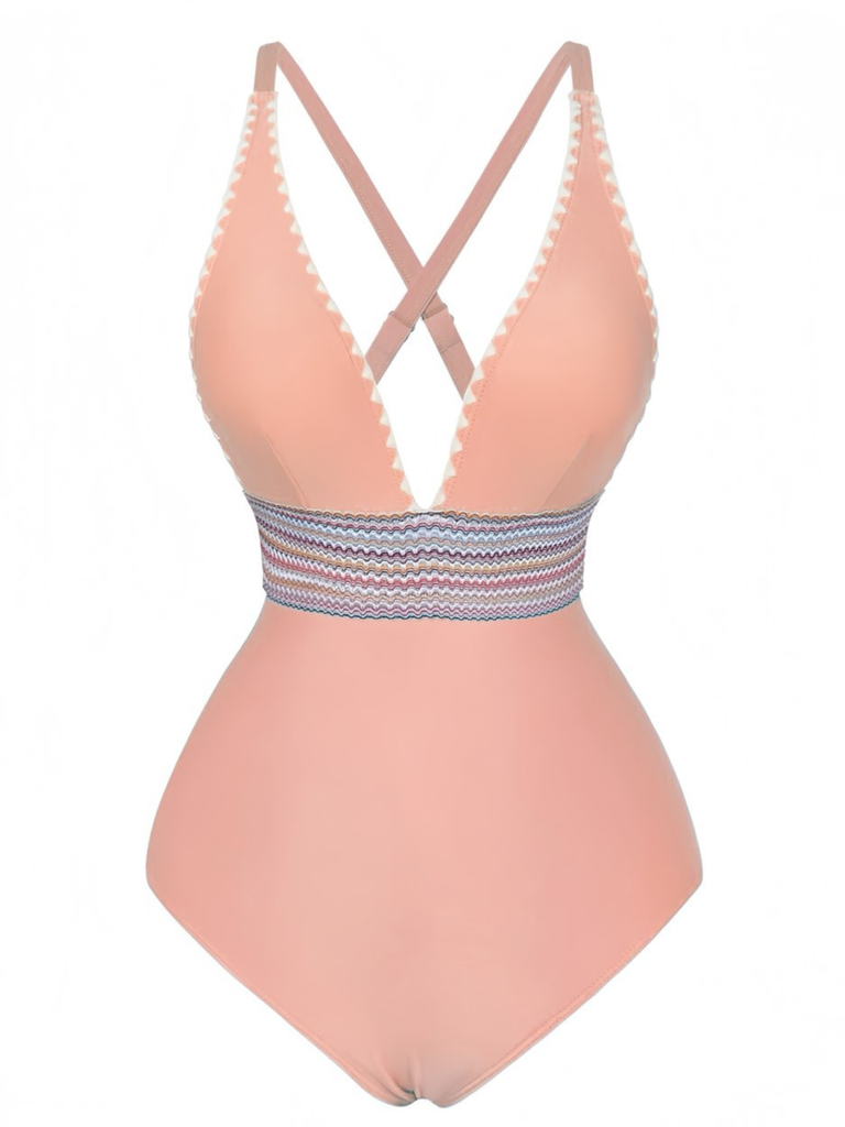 Costumi intero con patchwork ondulato e scollo a V anni '40