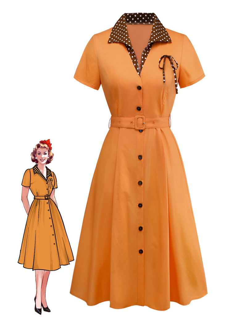 [Prevendita] Abito in cotone a pois con fiocco arancione anni '40