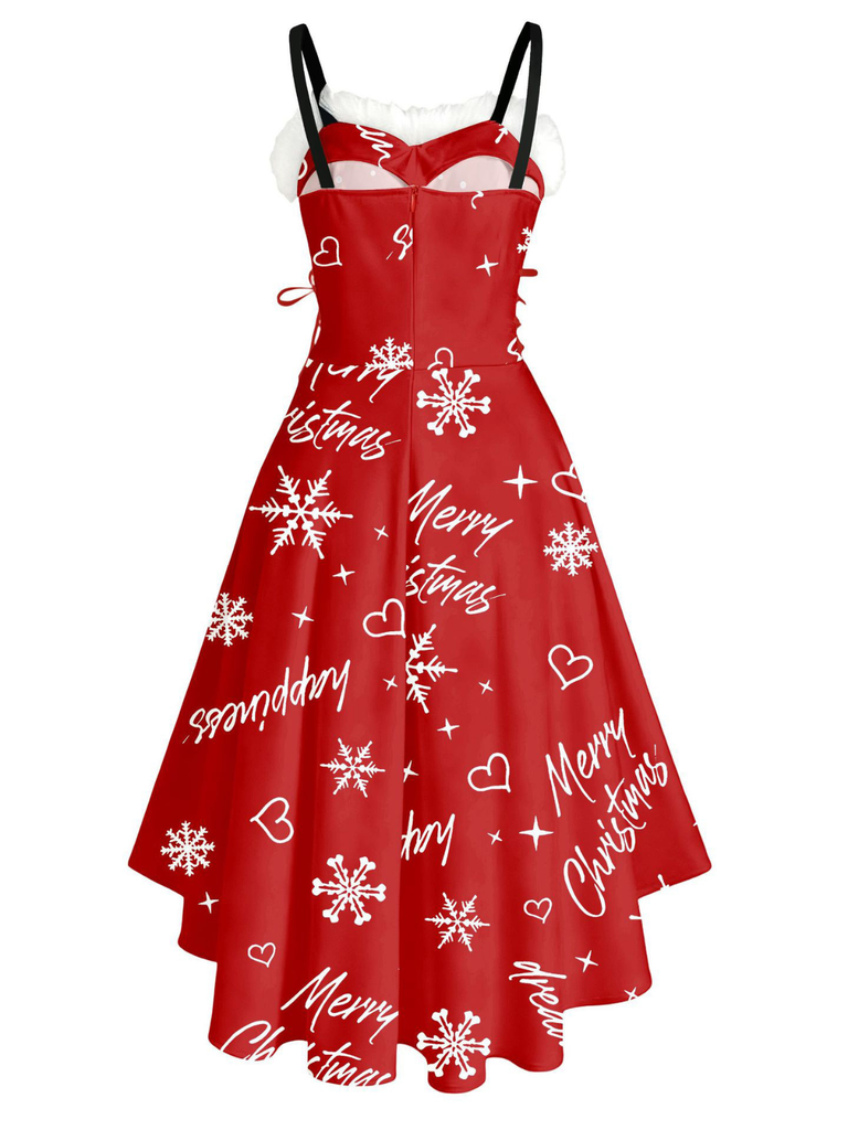 Abito natalizio a quadri in pelliccia con orlo asimmetrico anni '50