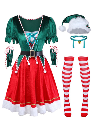 Top verde natalizio con scollo a V e gonna in pelliccia rossa anni '60