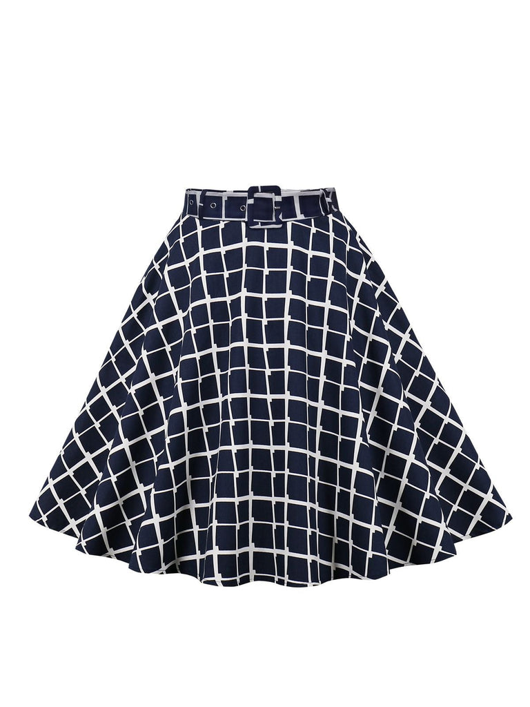Gonna svasata con cintura scozzese blu navy anni '50