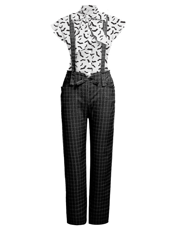 2 pezzi camicetta bianca e pantaloni con bretelle