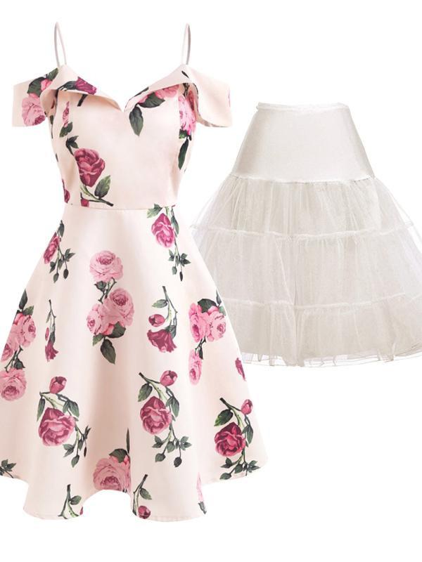 2 pezzi floreale anni '50 vestito e sottoveste bianca