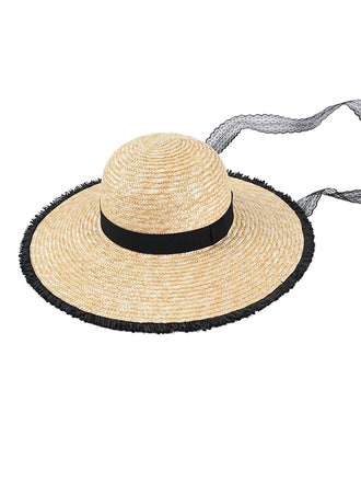 Cappello da sole in rafia con nastro nero retrò