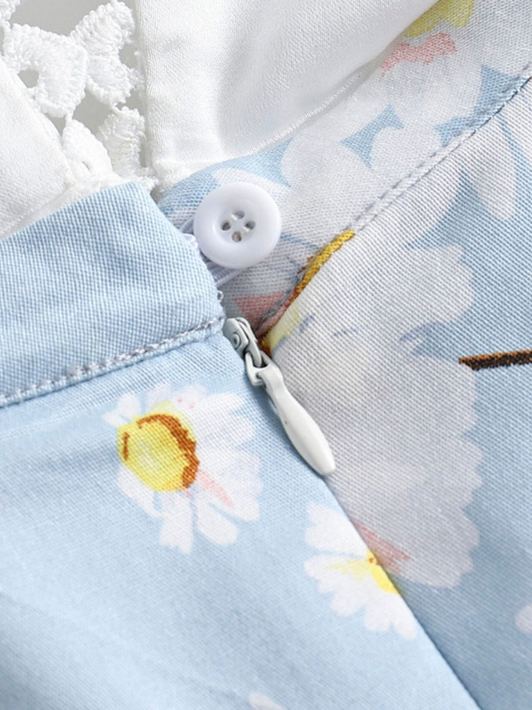 Abito svasato in pizzo floreale blu anni '50