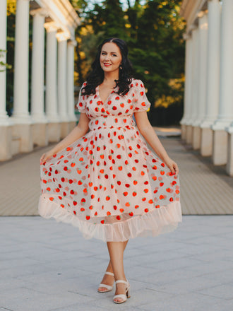 Abito Swing Fragola in pizzo rosa anni '50