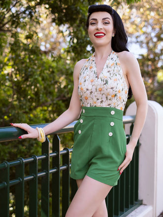 Verde anni '50 Pagliaccetti floreale Senza Maniche Donna