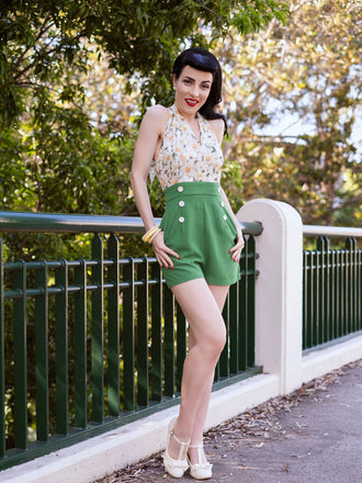 Verde anni '50 Pagliaccetti floreale Senza Maniche Donna