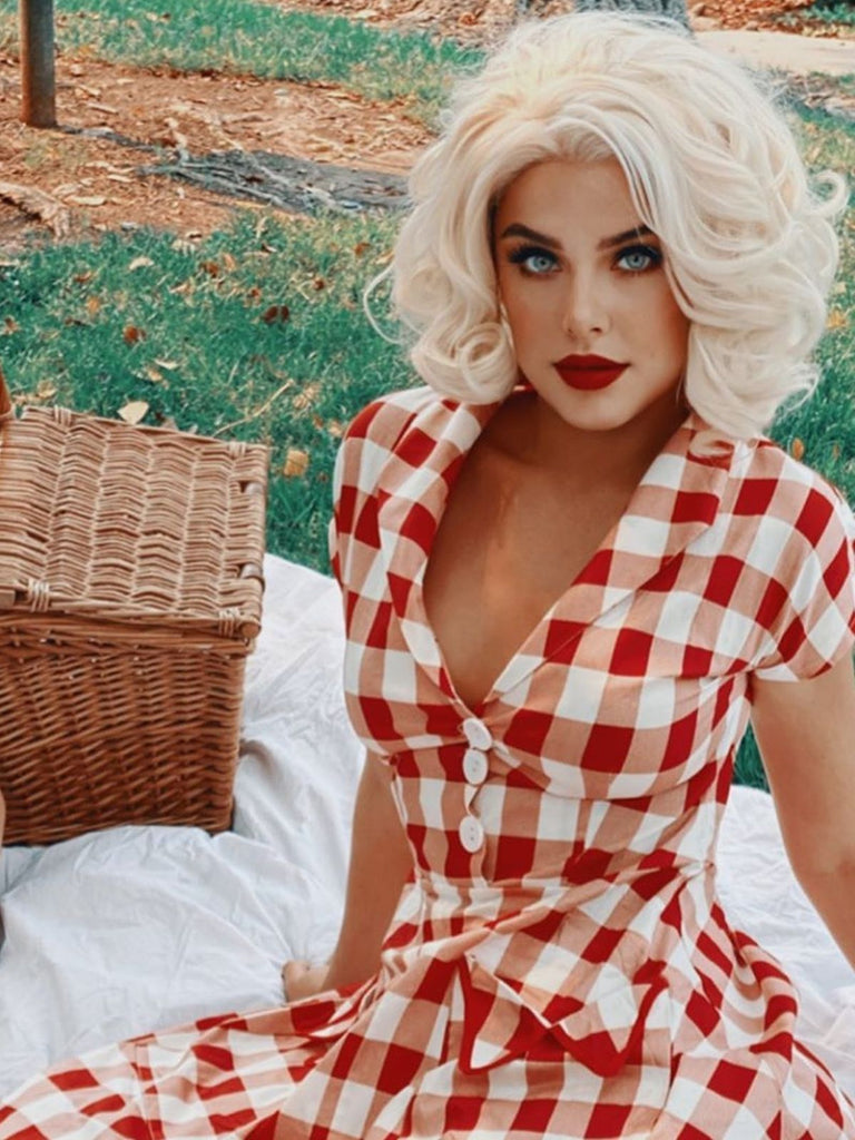 Abito scozzese rosso con tasche anni 50 Retro Stage