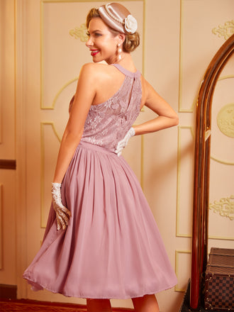 Abito svasato in pizzo floreale anni '50 rosa